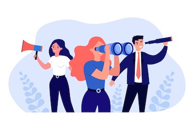 Three people searching with telescopes.