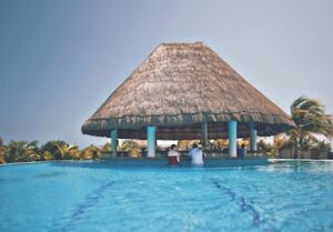 People at a tropical swim-up bar