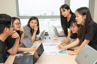 Work team collaborating in an office.